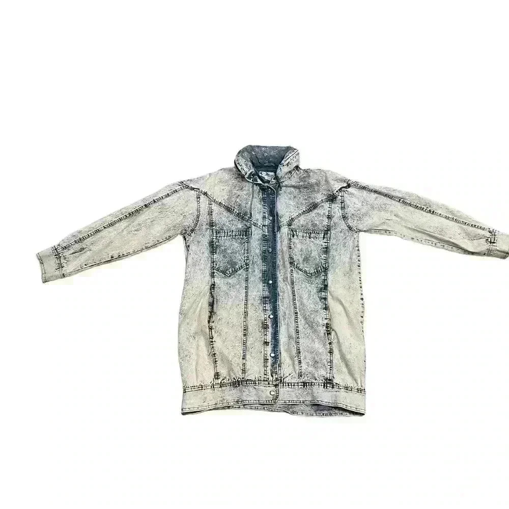 PAN  ASIA Vintage Women's 80's Acid Wash Long Denim Jean Jacket With Hood